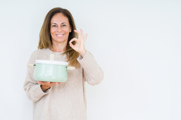 中年家庭主妇拿着铁锅在孤立的背景下用手指做ok手势，很好的象征图片下载