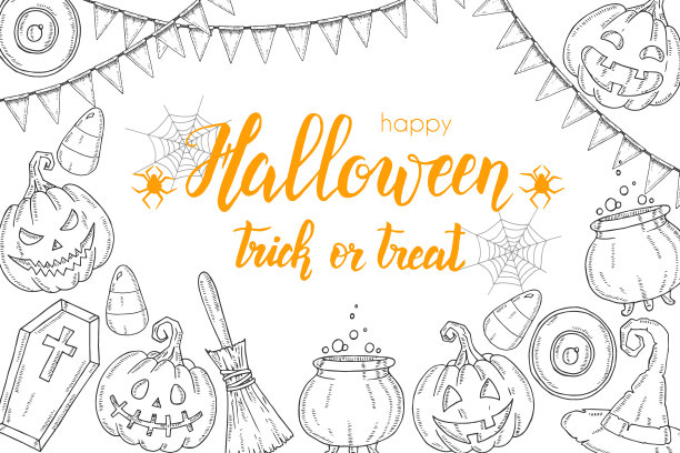 万圣节海报与手绘南瓜杰克，女巫帽子，扫帚，帽子，糖果，糖果根，棺材，壶与药水“Trick or Treat”。素描,刻字。万圣节横幅，传单，宣传册。广告图片下载