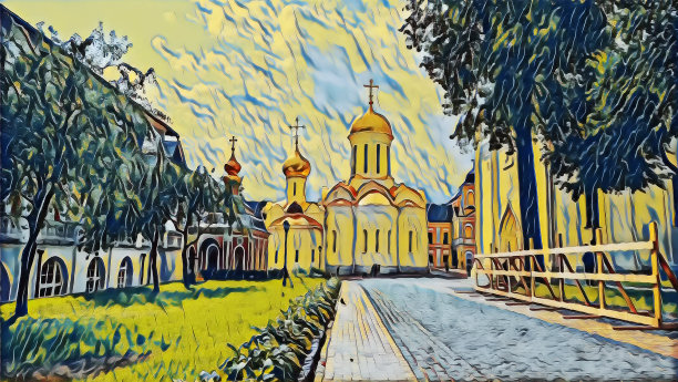 圣三位一体圣Sergius Lavra东正教教堂的树巷和金色圆顶的摄影艺术图片图片下载