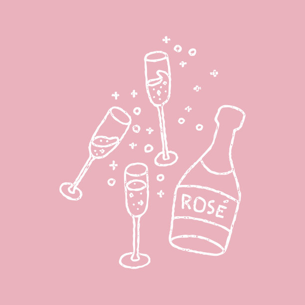 未婚女子的政党概念。一瓶加玻璃杯的香槟。复古质感涂鸦。图片下载
