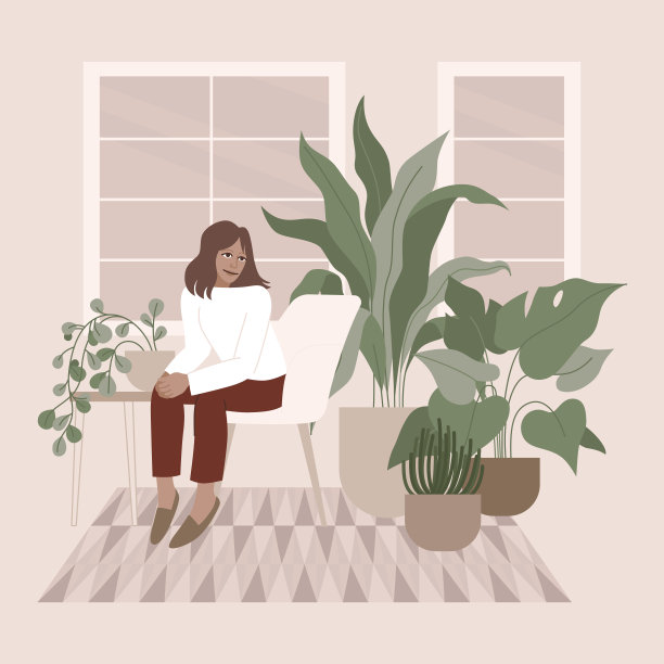 扁平简约风格矢量插画：疯狂的植物女士，现代海报或印花. 斯堪的纳维亚风格内饰时尚女孩图片下载