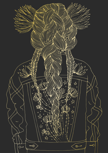 一个年轻女孩的矢量肖像的背影与发型与两个大百合装饰三个辫子辫子。穿着带仙人掌的牛仔夹克。印花t恤金色线条在灰色时尚插图图片下载