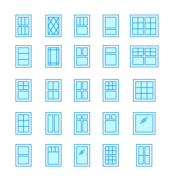 开窗和遮阳窗。建筑元素。线条平坦的图标设置。传统和法式窗框图片下载