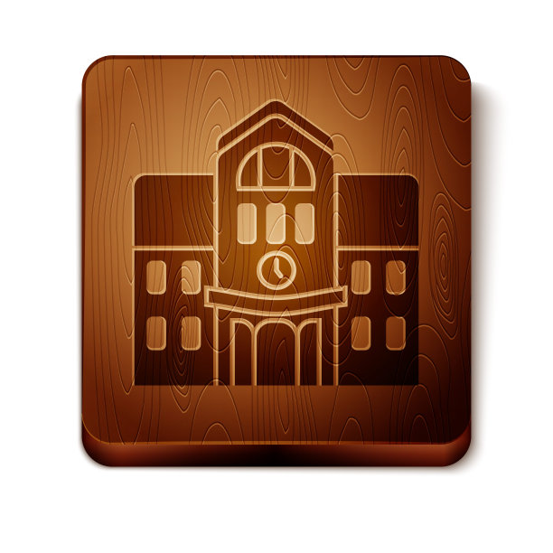 布朗学校建筑图标孤立在白色背景上。木制方形按钮。矢量图图片下载