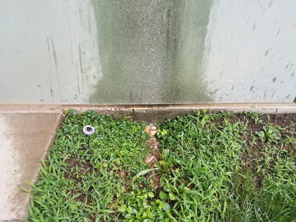 潮湿的灰色水泥墙，水流进草地图片下载