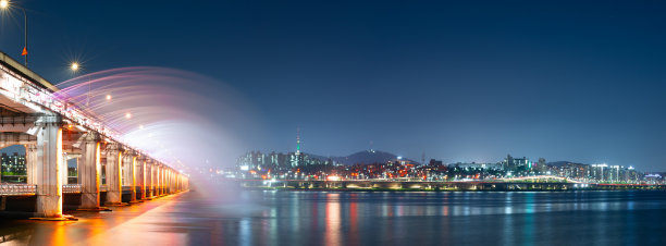 从半坡桥的全景来看，夜景和城市景观的旅行和摄影活动是在展示喷泉向人们和游客移动时的美丽建筑和设计，在河流的背景中反射图片下载