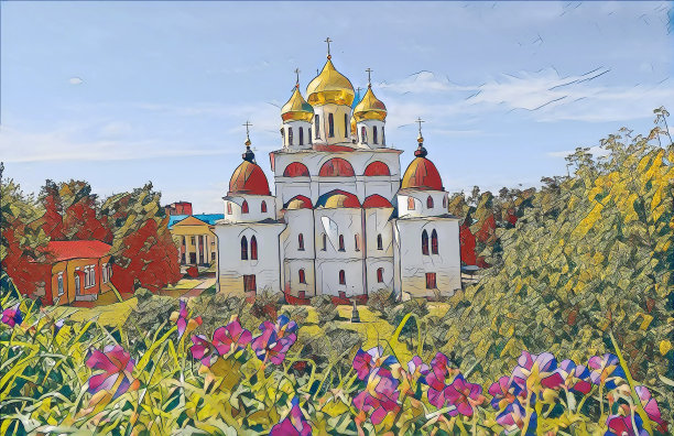 蓝天下德米特里罗夫克里姆林宫东正教教堂金色穹顶的摄影艺术图片图片下载