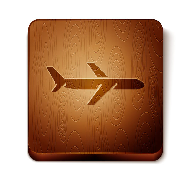 棕色飞机图标孤立在白色背景。飞行的飞机图标。客机的迹象。木制方形按钮。矢量图图片下载