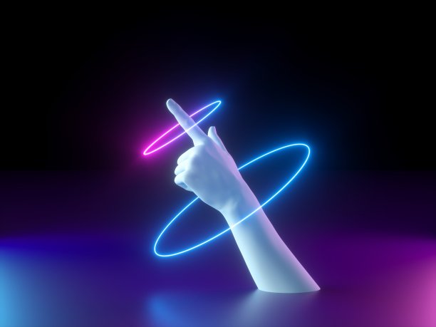 3d渲染，霓虹灯最小的背景，白色人体模型手与指向的手指，旋转的戒指，发光的线条，魔术表演，魔术师表演，万圣节把戏图片下载