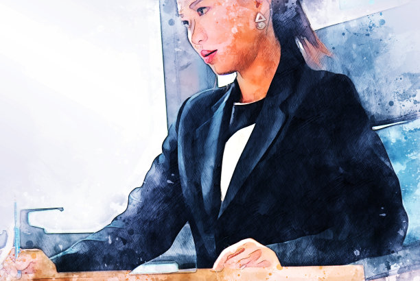 美丽亚洲商务女经理微笑肖像和首都写字楼背景上的水彩插画画背景。图片下载