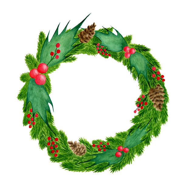 水彩圣诞花环与云杉树枝，冬青树叶和浆果，松果。手绘门装饰隔离在白色背景上。贺卡的圆形框架，设计。图片下载