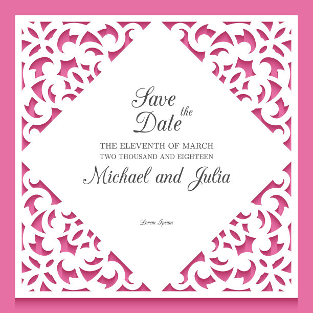 激光切割婚礼请帖模板。装饰框架与切花的角落，花边边界图案，矢量模板的剪纸，装饰装饰贺卡或婚礼设计。图片下载