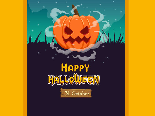 万圣节横幅，南瓜角色。概念卡通万圣节元素。矢量剪贴插图上的颜色背景图片下载