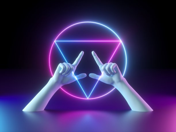 3d渲染，霓虹灯最小的背景，白色人体模型手孤立在黑色，粉色蓝色发光抽象几何符号，神圣的几何，紫外线光，万圣节神秘仪式，精神概念图片下载