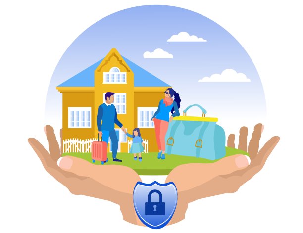 家庭与行李。黄色的房子和蓝色的屋顶。图片下载