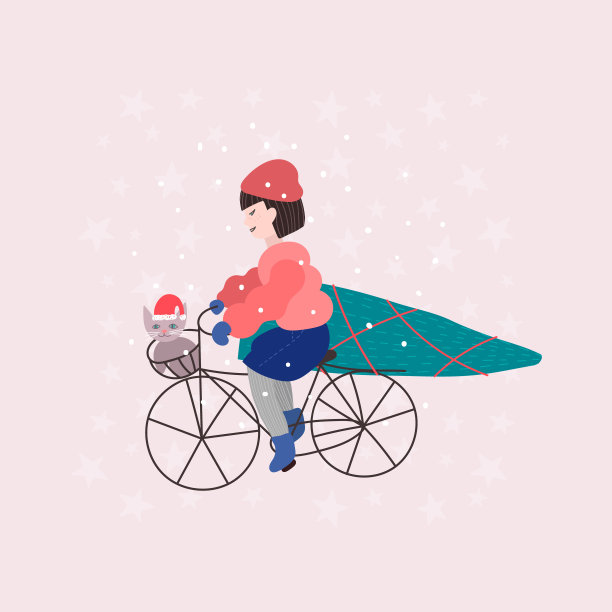 圣诞树女孩冬季快乐的明信片图片下载