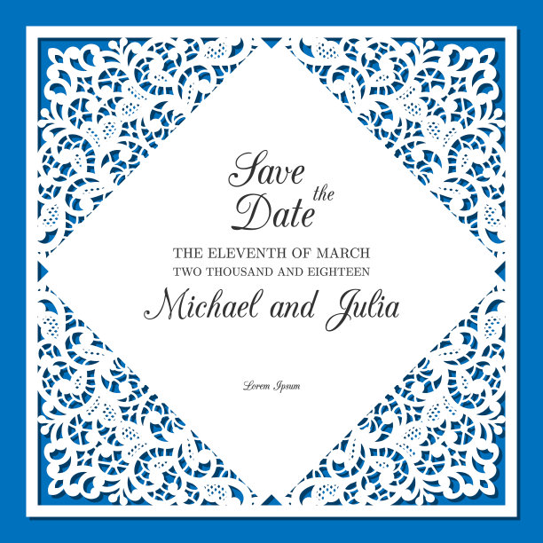 激光切割婚礼请帖模板。装饰框架与切花的角落，花边边界图案，矢量模板的剪纸，装饰装饰贺卡或婚礼设计。图片下载