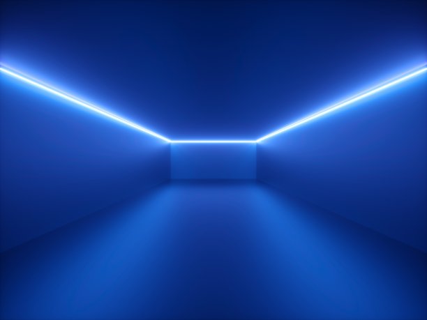 3d渲染，蓝色霓虹灯，抽象背景与发光的线条，虚拟现实的网络空间，夜总会房间内部，时尚讲台或舞台，紫外线光谱的空走廊图片下载