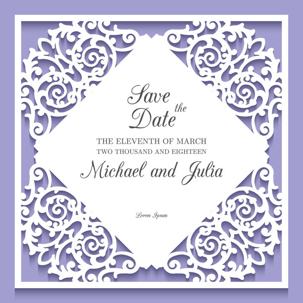 激光切割婚礼请帖模板。装饰框架与切花的角落，花边边界图案，矢量模板的剪纸，装饰装饰贺卡或婚礼设计。图片下载