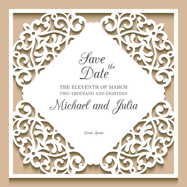 激光切割婚礼请帖模板。装饰框架与切花的角落，花边边界图案，矢量模板的剪纸，装饰装饰贺卡或婚礼设计。图片下载