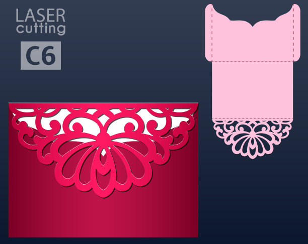 激光和模切口袋信封模板与图案帽。婚礼卡片矢量模板，邀请信封。图片下载