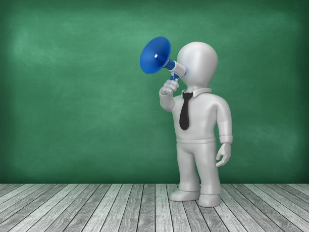 商业字符与扩音器在黑板背景- 3D渲染图片下载