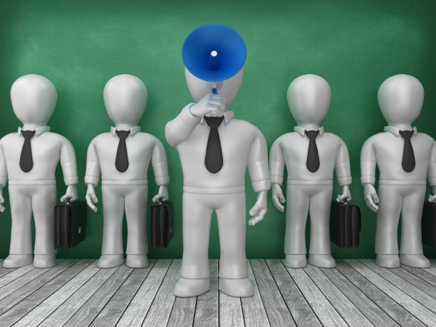 商业字符与扩音器在黑板背景- 3D渲染图片下载