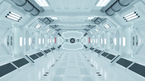 科学背景小说室内渲染科幻飞船走廊白光。图片下载