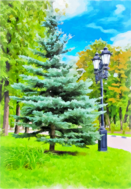 水彩城市景观。公园里有一条林间小路。图片下载