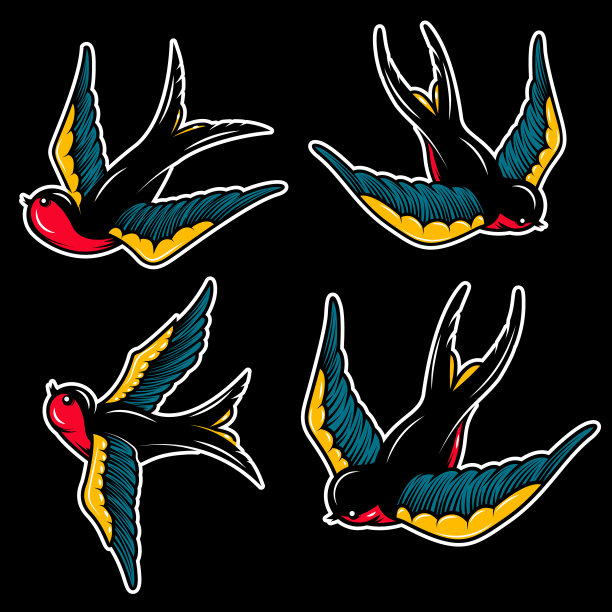 一套燕子插图在老学校纹身风格。用于海报，卡片，横幅，传单。矢量图图片下载