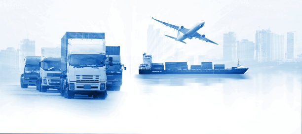 物流方面，有集装箱卡车、港口船舶和飞机图片下载