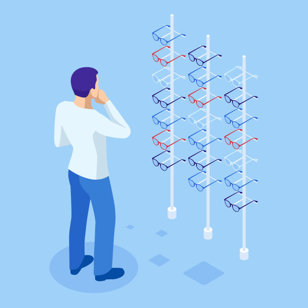 现代光学商店的等距橱窗与眼镜。一个男人在商店里挑选眼镜来提高视力。医疗卫生设备。检查眼镜屈光度。图片下载