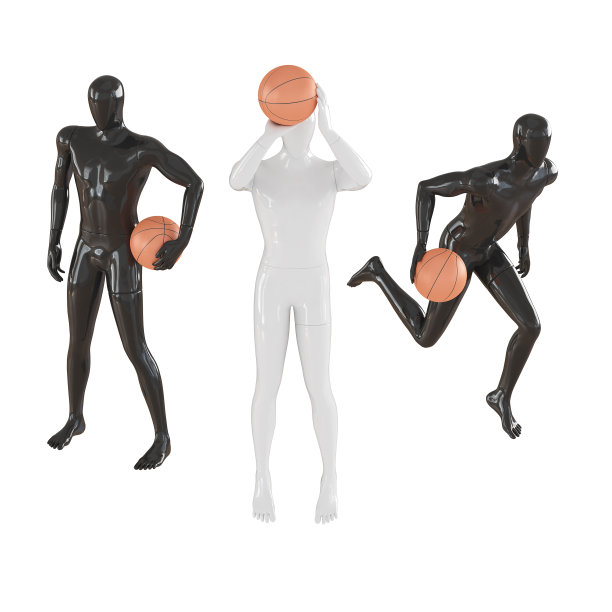 两个黑色人体模型和一个中间的白色人体模型以不同的姿势拿着一个篮球。三维渲染图片下载