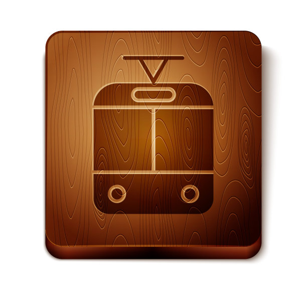 白色背景上孤立的棕色有轨电车和铁路图标。公共交通的象征。木制方形按钮。矢量图图片下载