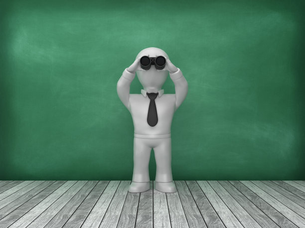 商业人物与双筒望远镜在黑板背景- 3D渲染图片下载