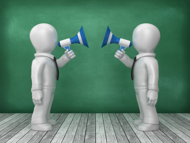 商业字符与扩音器在黑板背景- 3D渲染图片下载