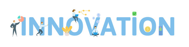 创新。概念与人，字母和图标。平面向量插图。孤立在白色背景上。图片下载