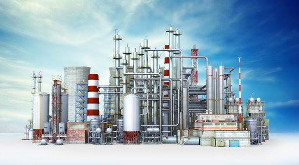 在天空背景上孤立的工厂。三维演示图片下载