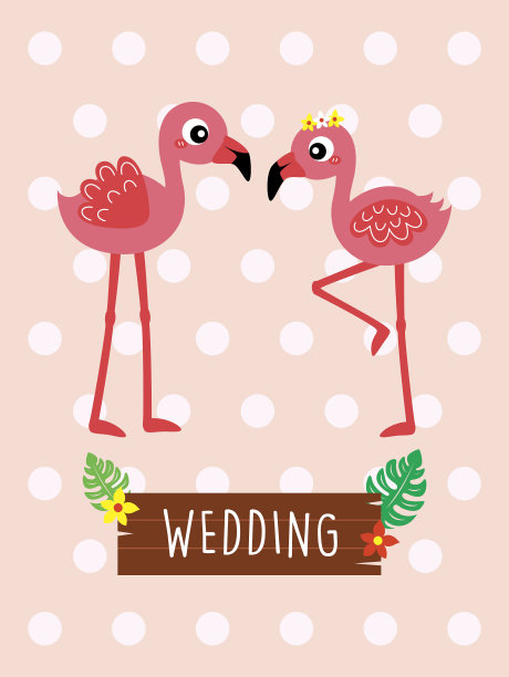 可爱的火烈鸟夫妇婚礼贺卡向量图片下载