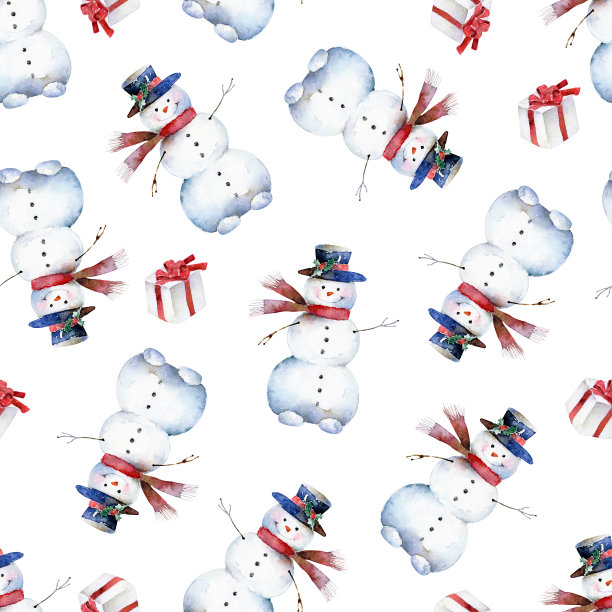 无缝水彩图案与欢乐的雪人图片下载