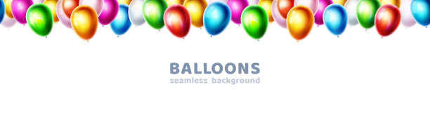 明亮的颜色矢量气球孤立在白色背景。生日聚会，活动庆祝横幅。装饰。重复边界与氦气光泽气球，无缝模式。带照片的背景。图片下载