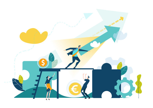 商人走钢丝。处境困难，解决问题，风险观念。他的团队和朋友们支持他，为他欢呼。素材图片