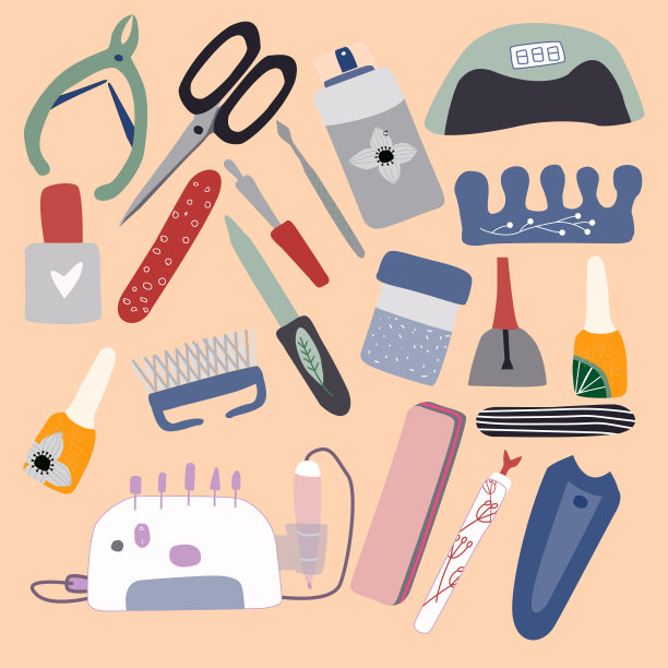 美甲美甲设备矢量概念有指甲剪、指甲油、指甲钻。公寓收集美甲工作室，沙龙。温泉美容横幅。矢量图图片下载