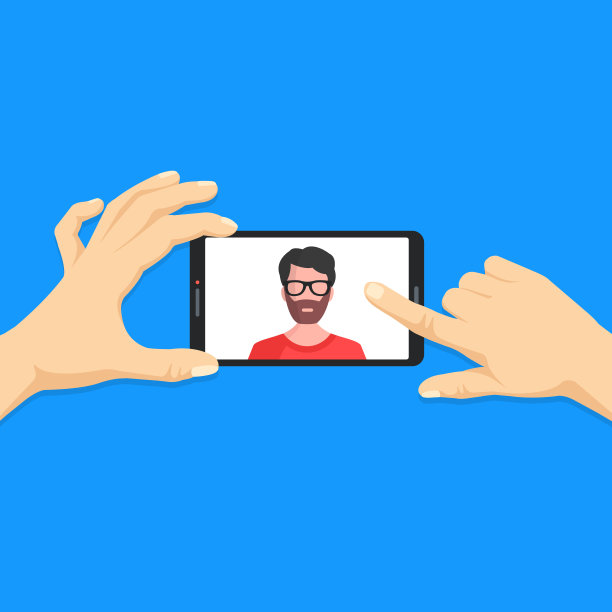 有问题。人手握着智能手机，屏幕上显示着人脸。图片，在线聊天，视频通话的概念。现代平面设计。矢量图图片下载