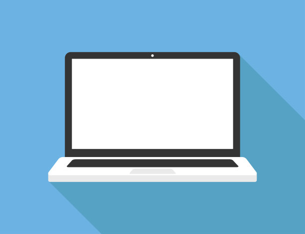 笔记本电脑在时尚的平面风格与白空白屏幕。模型模板。空白显示的笔记本。打开显示。前视图。图片下载