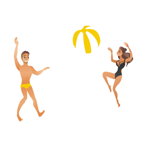 年轻美丽微笑的夫妇在泳装玩沙滩球。图片下载