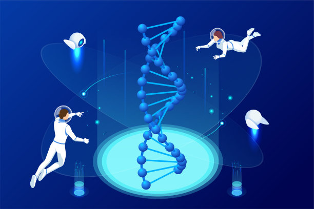 空间中的等距DNA结构。宇航员致力于DNA的概念。线框DNA分子结构数字蓝色背景。创新、医药和技术。图片下载