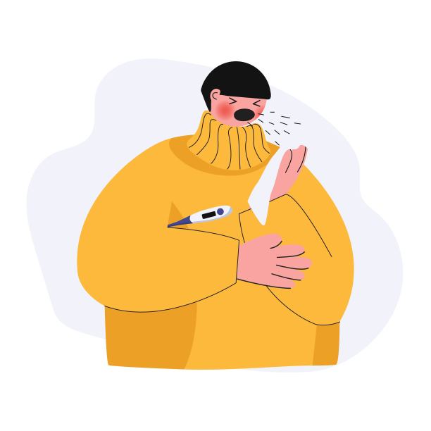一个年轻人头痛、发烧、流鼻涕，用手帕打喷嚏，测量体温图片下载