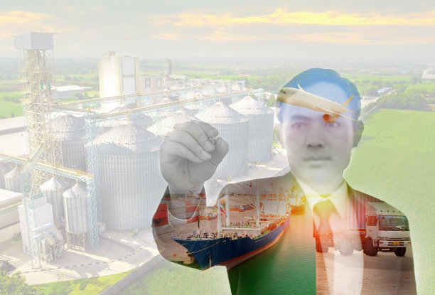 双曝光照片的物流业务，出口和人的概念。以筒仓为背景的集装箱货轮和货机的物流运输。图片下载