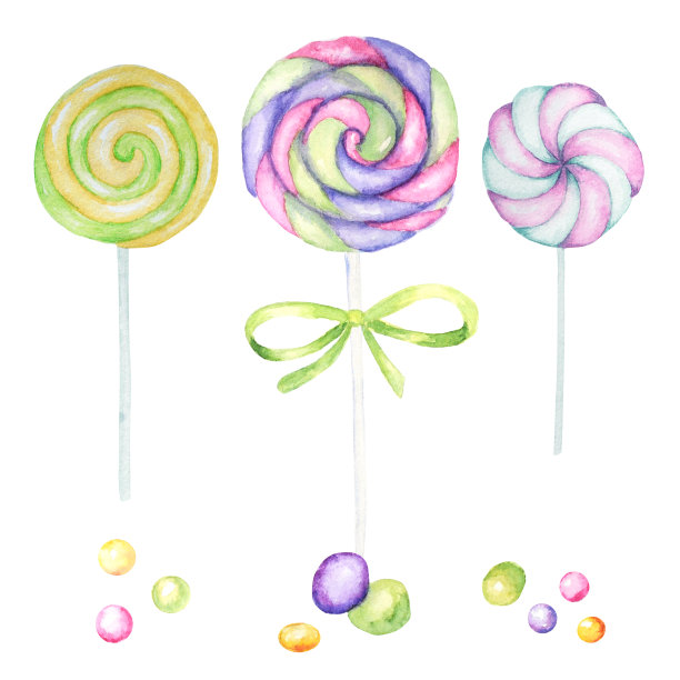 明亮的颜色糖果套装。棒棒糖，白底上的亮色。水彩手绘糖果插图菜单设计，卡片，海报，横幅，邀请。图片下载